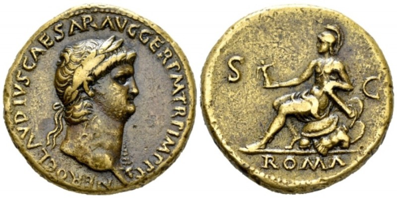 Nero, 54-68 Sestertius circa 65, Æ 35mm., 26.33g. Laureate bust r., with aegis. ...