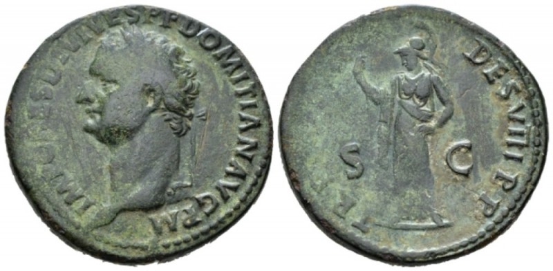 Domitian, 81-96 Sestertius circa 81, Æ 34mm., 22.36g. Laureate head l. Rev. Mine...