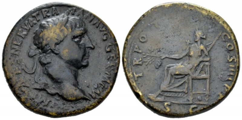 Trajan, 98-117 Sestertius circa 101, Æ 35mm., 26.92g. Laureate head r. Rev. Pax ...