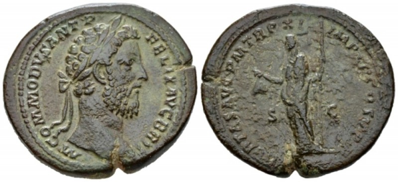 Commodus, 177-192 Sestertius circa 186, Æ 35mm., 30.41g. Laureate head r. Rev. L...