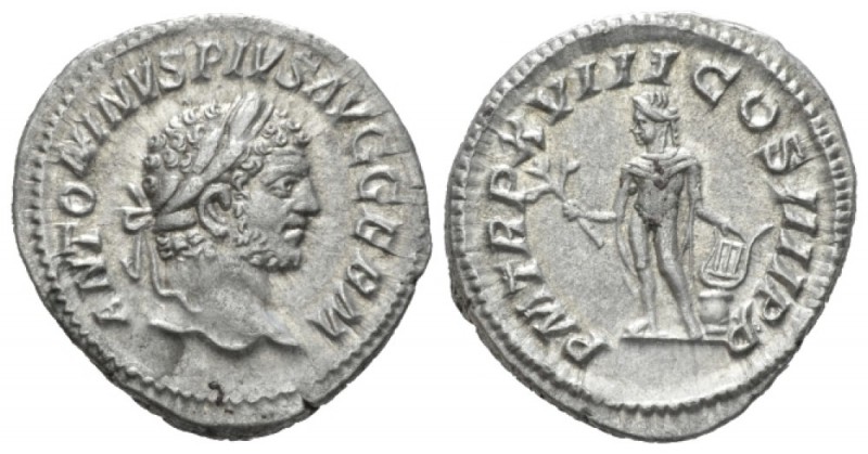 Caracalla, 198-217 Denarius circa 215, AR 18.8mm., 3.32g. Laureate head r. Rev. ...