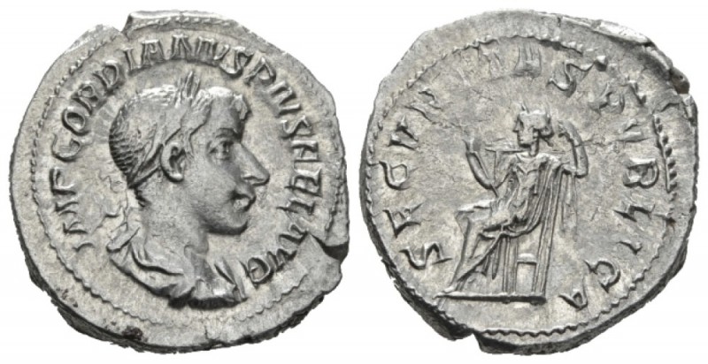 Gordian III, 238-244 Denarius circa 241, AR 20mm., 3.67g. Laureate, draped and c...