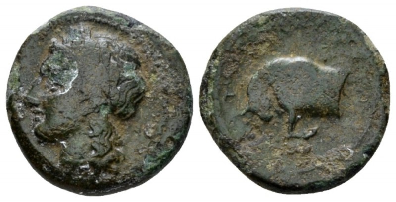 Sicily, Tauromenium Hemilitra circa 310-280, Æ 16mm., 2.66g. Laureate head of Ap...