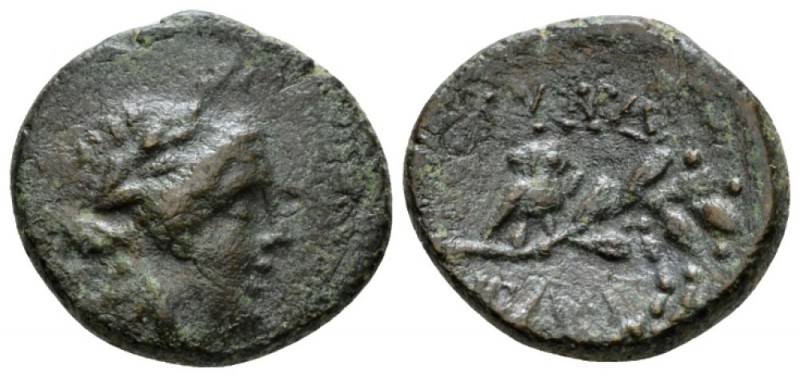 Caria, Myndos Bronze II-I cent., Æ 18mm., 5.45g. Laureate head of Apollo r. Rev....