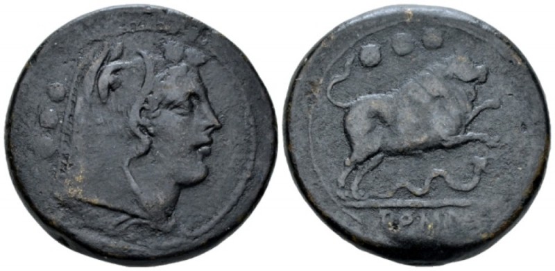 Quadrans circa 217-215, Æ 34.9mm., 38.62g. Head of Hercules r., wearing boar ski...