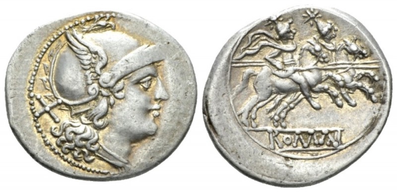 Denarius circa 214-213, AR 21.2mm., 4.03g. Helmeted head of Roma r.; behind, X. ...