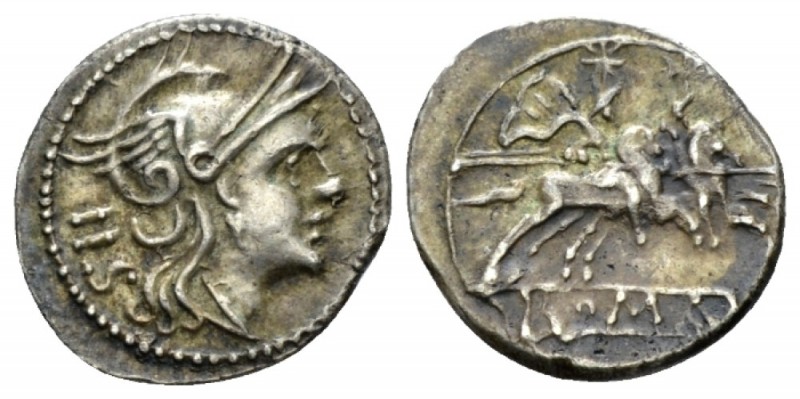 Sestertius circa 214-213, AR 13mm., 1.15g. Helmeted head of Roma r.; behind, IIS...