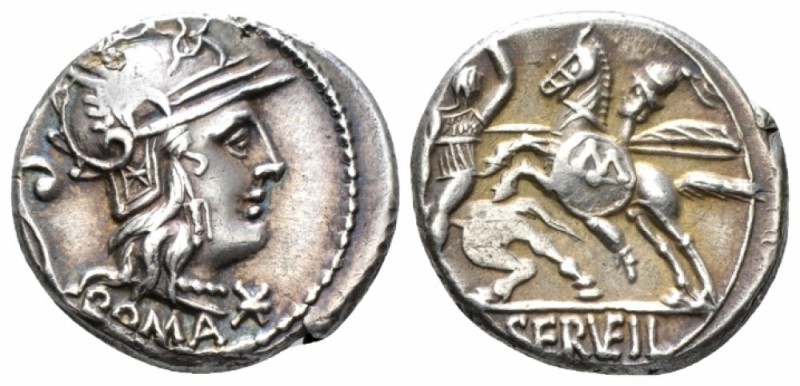 C. Servilius Vatia. Denarius 127, AR 17.8mm., 3.87g. Helmeted head of Roma r.; b...