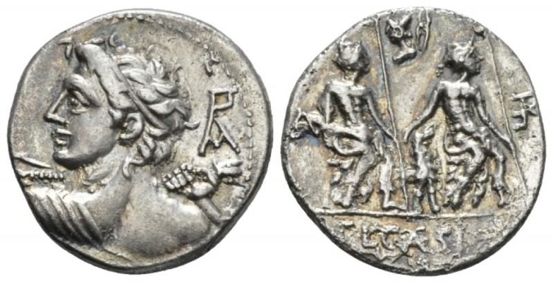 L. Caesius. Denarius 112 or 111, AR 19.3mm., 3.83g. Bust of Apollo l. seen from ...