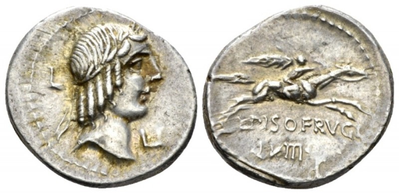 L. Piso Frugi. Denarius circa 90, AR 19.4mm., 3.82g. Laureate head of Apollo r.;...