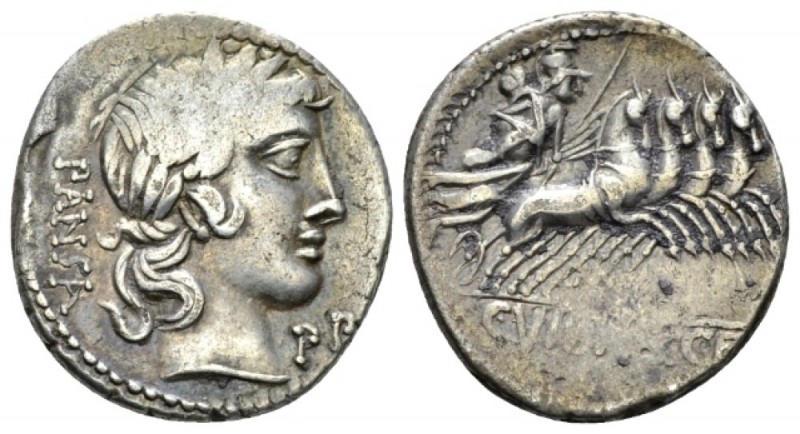 C. Vibius C.f. Pansa. Denarius circa 90, AR 18mm., 3.89g. PANSA Laureate head of...