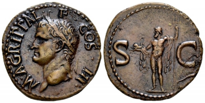 In the name of Agrippa As after 37, Æ 29mm., 10.74g. Head l., wearing rostral cr...