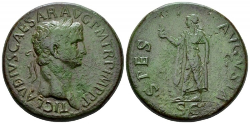 Claudius, 41-54 Sestertius circa 50-54, Æ 35mm., 29.82g. Laureate head r. Rev. S...