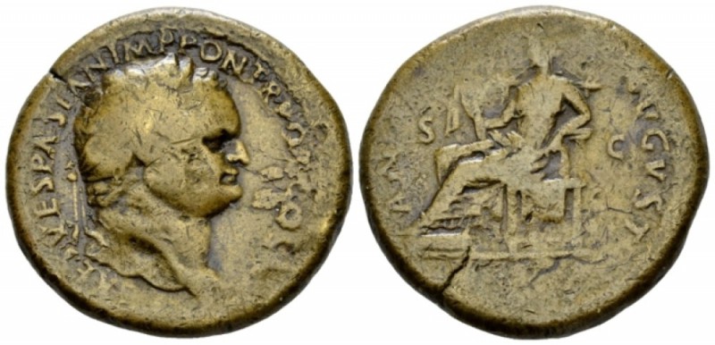 Titus caesar, 69 – 79. Sestertius circa 77-78, Æ 34mm., 24.27g. Laureate head r....