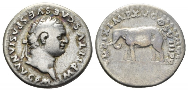 Titus, 79-81 Denarius circa 80, AR 18mm., 3.21g. Laureate head with slight beard...