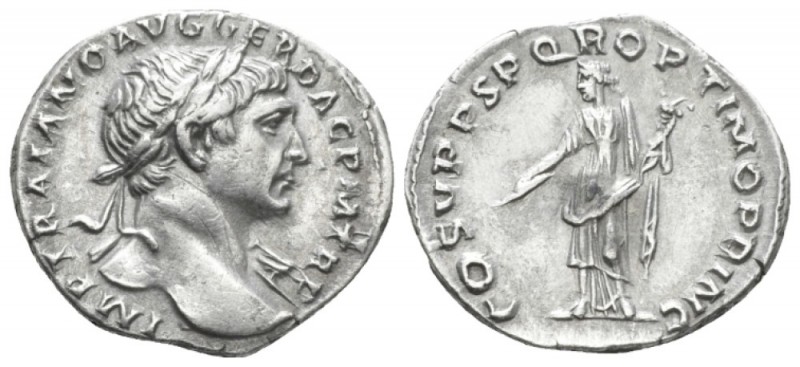 Trajan, 98-117 Denarius circa 105-107, AR 18mm., 2.87g. Laureate bust r., draper...