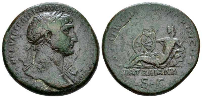 Trajan, 98-117 As circa 112-115, Æ 27mm., 10.28g. Laureate bust r., slight drape...