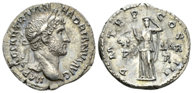 Hadrian, 117-138 Denarius circa 124, AR 18mm., 2.72g. Laureate head r. Rev. Hila...