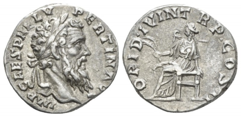 Pertinax, 193 Denarius circa 193, AR 17mm., 3.13g. Laureate head r. Rev Ops seat...