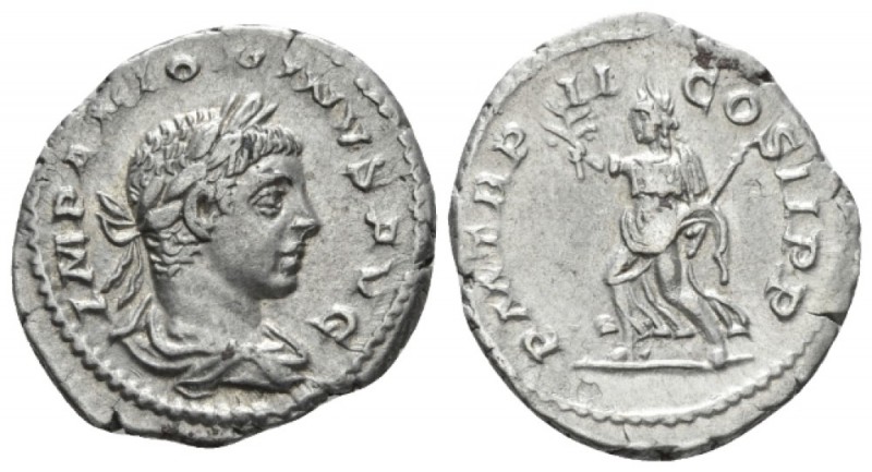 Elagabalus, 218-222 Denarius circa 219, AR 17mm., 2.79g. Laureate and draped bus...