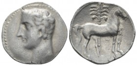 Hispania, Carthago Nova Shekel circa 218-206, AR 23mm., 6.05g. Bare head l. (Hannibal). Rev. Horse standing r., in background palm tree. BMC 104. Vill...