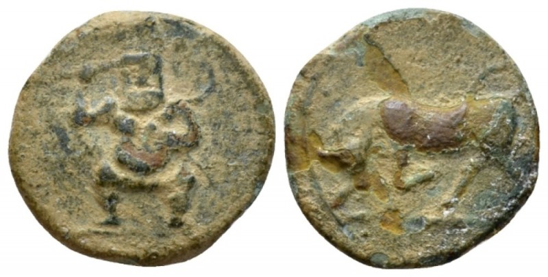 Hispania, Ebusus Bronze circa II cent., Æ 17mm., 2.75g. Bull butting l. Rev. Bes...