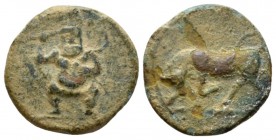 Hispania, Ebusus Bronze circa II cent., Æ 17mm., 2.75g. Bull butting l. Rev. Bes standing facing, holding upraised mace and serpent. SNG Copenhagen 86...