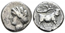 Campania, Neapolis Didrachm circa 380-280, AR 20mm., 6.96g. Head of nymph l., wearing fillet, earring and necklace; behind, eagle standing l., head r....