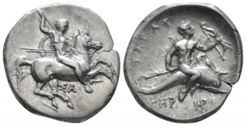 Calabria, Tarentum Nomos circa 325-281, AR 23mm., 7.84g. Armed horseman r. spear...