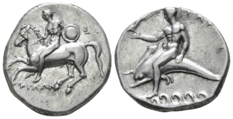 Calabria, Tarentum Nomos circa 280-272, AR 23mm., 7.88g. Horseman galloping l; h...