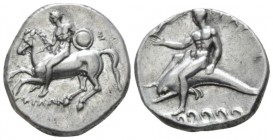 Calabria, Tarentum Nomos circa 280-272, AR 23mm., 7.88g. Horseman galloping l; holding small shield. Rev. Dolphin rider l., holding Nike; below, waves...