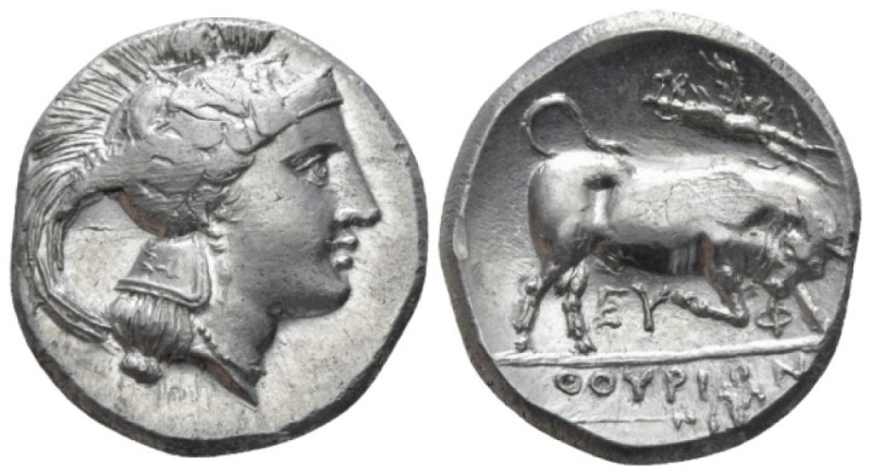 Lucania, Thurium Nomos circa 350-330, AR 23mm., 7.87g. Head of Athena r., wearin...