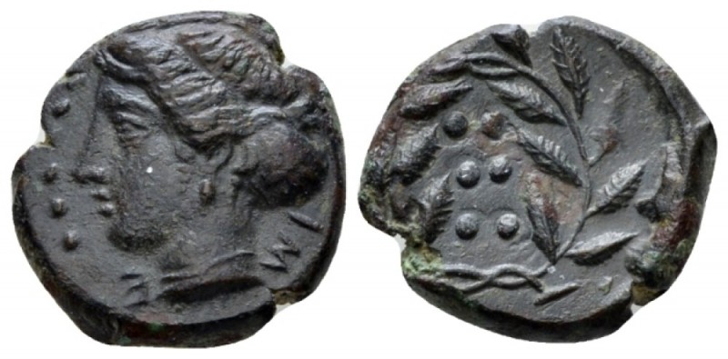Sicily, Himera Hemilitron circa 420-407, Æ 16mm., 3.79g. Head of nymph l., weari...