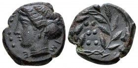 Sicily, Himera Hemilitron circa 420-407, Æ 16mm., 3.79g. Head of nymph l., wearing ampyx and sphendone; in l. field, six pellets. Rev. Six pellets wit...
