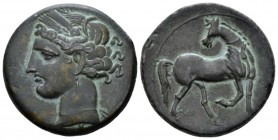 The Carthaginians in Sicily and North Africa, Carthago Tridrachm – 1½ Shekels circa 203-201, billon 26mm., 9.34g. Wreathed head of Tanit l. Rev. Horse...
