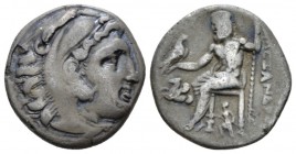 Kingdom of Macedon, Alexander III, 336 – 323 Lampsacus Drachm circa 310-301, AR 17mm., 3.98g. Head of Herakles r., wearing lion skin. Rev. Zeus Aëtoph...