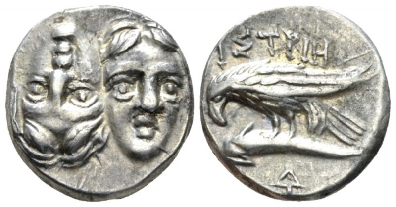 Thrace, Istros Drachm circa 380-280, AR 18mm., 5.75g. Facing male heads, the l. ...