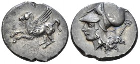 Acarnania, Leucas Stater circa 435-380, AR 23mm., 8.53g. Pegasus flying l.; Λ below. Rev. Helmeted head of Athena l.; caduceus and Λ behind. Pegasi 84...