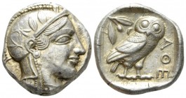 Attica, Athens Tetradrachm circa 455, AR 23mm., 17.20g. Head of Athena r., wearing crested helmet decorated with olive leaves and spiral palmette. Rev...
