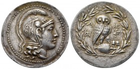 Attica, Athens New style Tetradrachm circa 165-150/49, AR 36mm., 16.83g. Helmeted head of Athena r. Rev. Owl standing r., head facing, on amphora; mon...