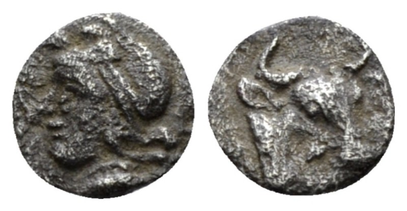 Mysia, Cyzicus Hemiobol circa 410-400, AR 7mm., 0.31g. Head of Attis l., wearing...