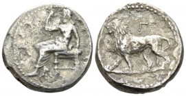The Seleucid Kings, Seleucus I Nicator, 312- 281 BC Babylon Stater circa 312-305, AR 22mm., 16.26g. Baal seated l., holding sceptre and l. hand on thr...