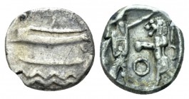 Samaria, Obol IV cent., AR 8mm., 0.72g. Sidonian galley l. over waves. Rev. Persian king fighting lion; O between. Meshorer and Qedar 199.

Toned, V...
