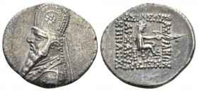 Parthia, Mithradates II, 123-88. Drachm 123-88, AR 21mm., 3.87g. Bust l. wearing tiara. Rev. Archer seated r. on throne. Shore 100. Sellwood 28.7.

...