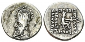 Parthia, Gotarzes I, 95-87 Drachm circa 95-87, AR 18mm., 4.03g. Bust l. wearing tiara. Rev. Archer seated r. on throne. Shore 113. Sellwood 33.4.

V...