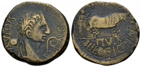 Hispania, Caesaraugusta Octavian as Augustus, 27 BC – 14 AD As circa 2 BC, Æ 27.8mm., 10.82g. Laureate head r.; in front, simpulum and behind lituus. ...