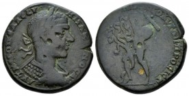 Moesia, Nicopolis Macrinus, 217-218 Bronze circa 217-218, Æ 25.5mm., 11.98g. Laureate, draped and cuirassed bust r. Rev. Naked Herakles standing l., c...