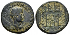 Bithynia, Nicaea Macrinus, 217-218 Bronze circa 217-218, Æ 24.6mm., 9.83g. Radiate, draped and cuirassed bust r. Rev Camp-gate. SNG von Aulock 733. R....