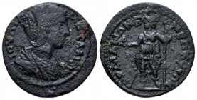 Lydia, Sardes Julia Domna, wife of Septimius Severus Bronze circa 193-211, Æ 23mm., 5.08g. Draped bust r. Rev. EΠI POVΦOV CAPΔIANΩN B NEΩKOPΩN Mên sta...