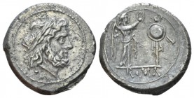 Victoriatus from 211, AR 18mm., 3.25g. Laureate head of Jupiter r. Rev. Victory r., crowning trophy; in exergue, ROMA. Sydenham 230. Crawford 53/1.
 ...